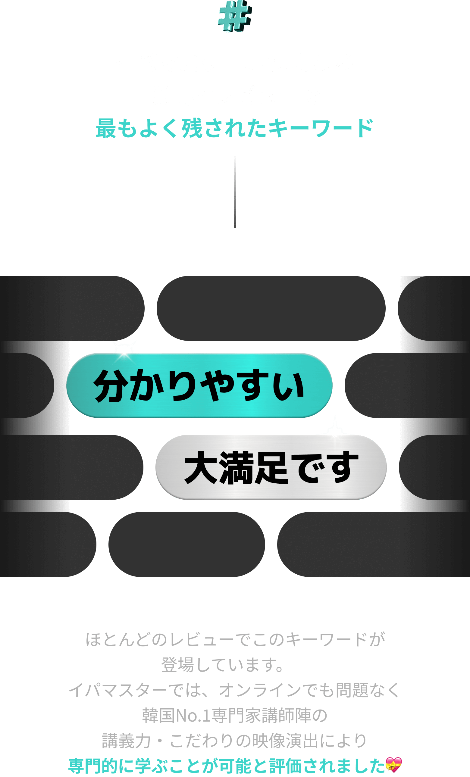 イパマスターJPにおける受講者レビューで最もよく残されたキーワード : 分かりやすい / 大満足です
